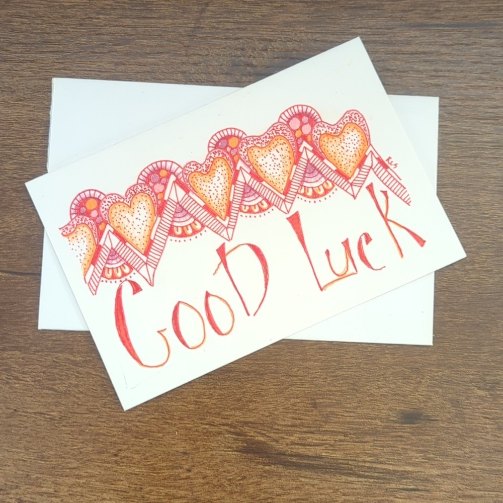 🌻5/$20 Handmade Good Luck Heart Zentangle Card- Orange,Black & Red